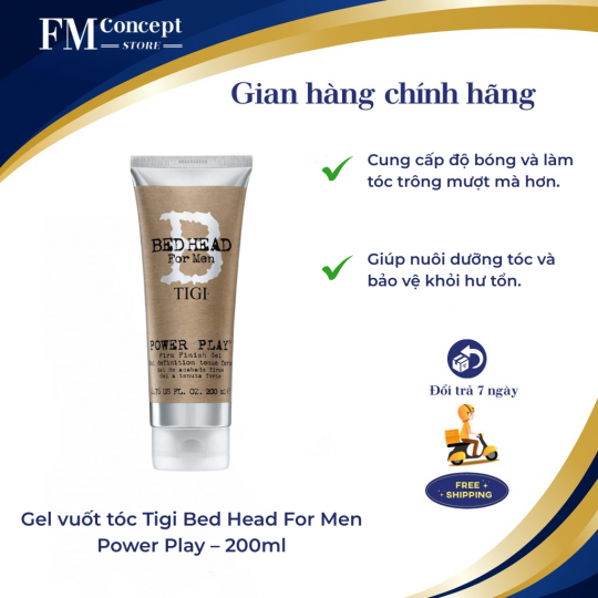Gel vuốt tóc Tigi Bed Head For Men Power Play – 200ml giữ nếp mạnh, cứng không gây bết tóc