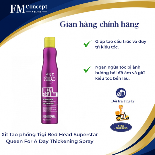 Xịt tạo phồng Tigi Bed Head Superstar Queen For A Day Thickening Spray – 311ml, làm dày tóc, lưu giữ kiểu dáng một cách tự nhiên